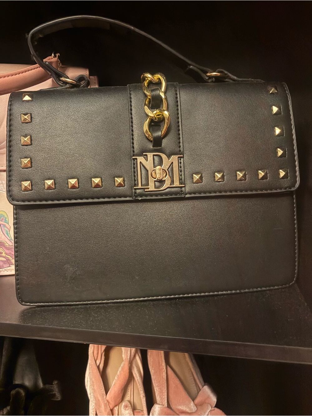 Badgley Mischka Black Leather Studded Shoulder Bag with Gold Hardware